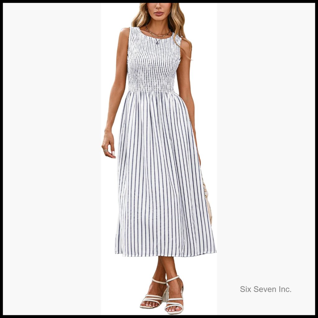Sleeveless Maxi Dress Smocked Swing A Line With Pockets